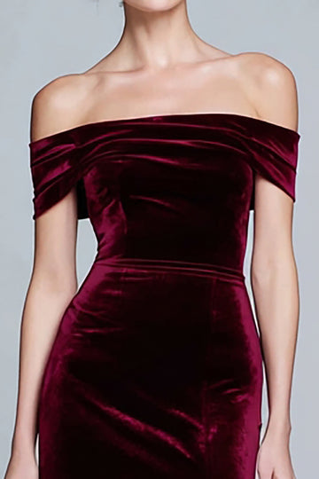 Burgundy Velvet Off the Shoulder Formal Dress with Slit
